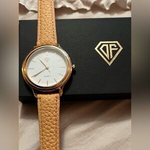 DF-women’s Japan Quartz Movement Stainless Back, Tan Leather Strap